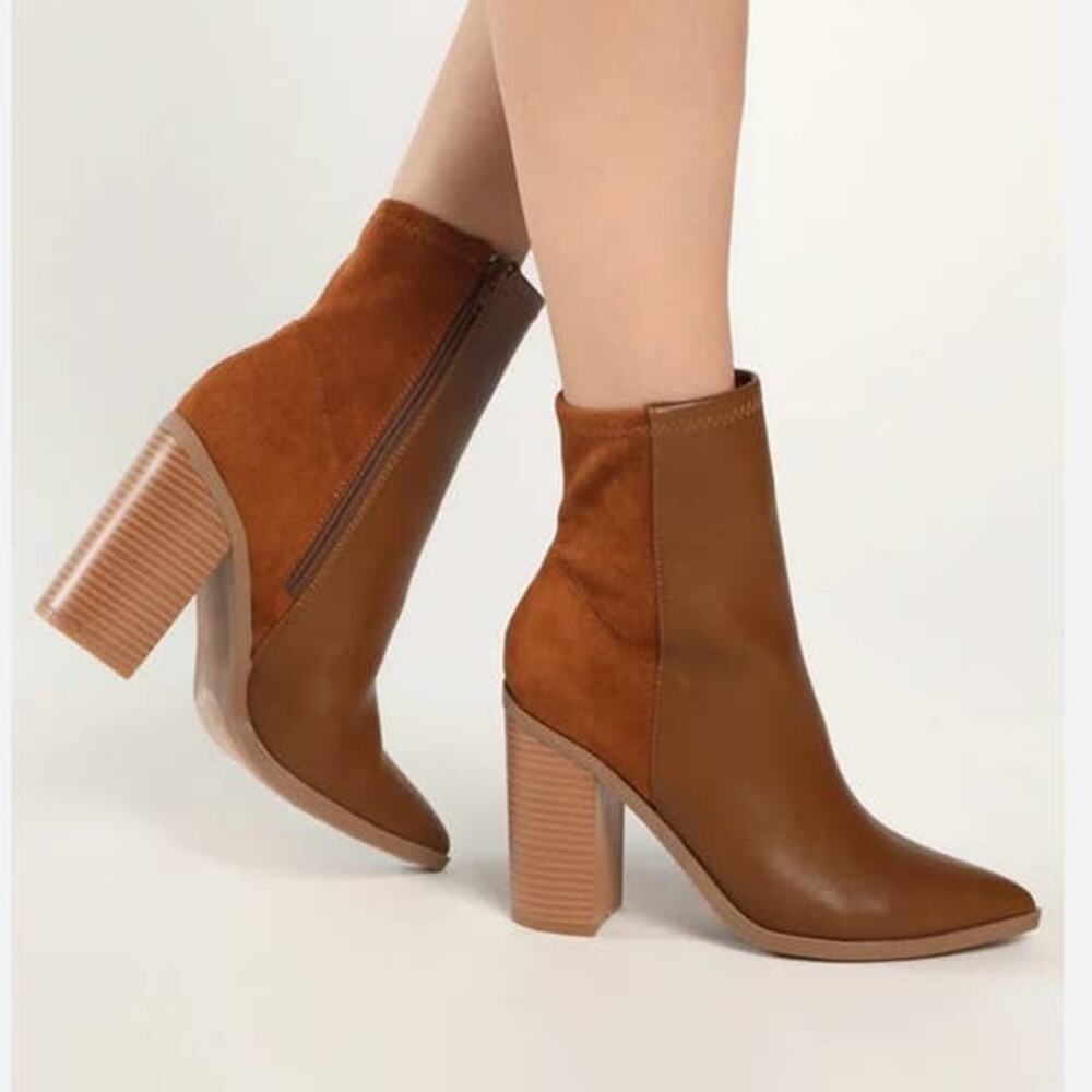 Lulus Essex Booties Brown Size 11 Mid Calf Pointed Toe Faux Leather Zippers Shoe